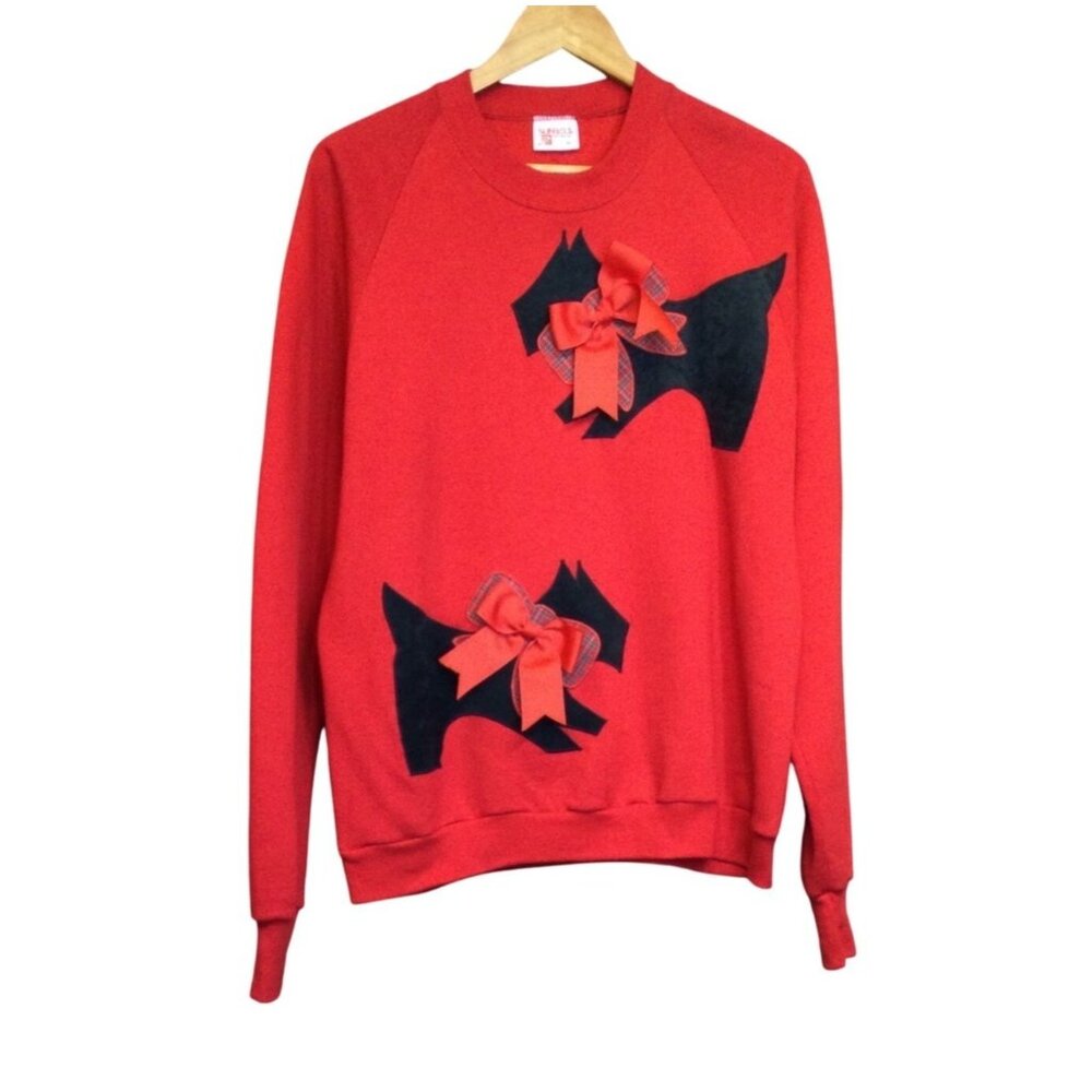 Vintage Sunbelt Sportswear Red Sweater Sweatshirt Scottie Dog Applique Plaid Bow
